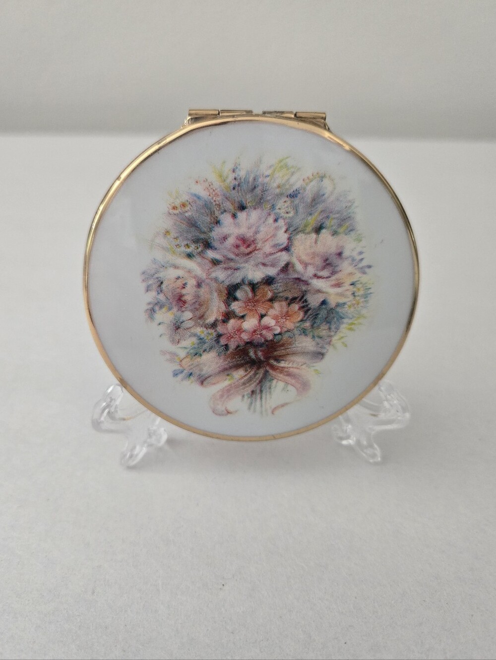 VTG 60s Stratton Wedding Bouquet Floral Pattern Gold Trim Dual Mirror Compact